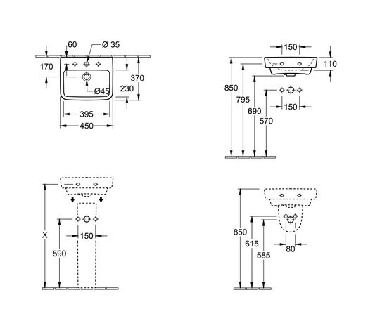 Раковина керамическая O.novo 450 x 370 мм, 43444G01 Villeroy & Boch
