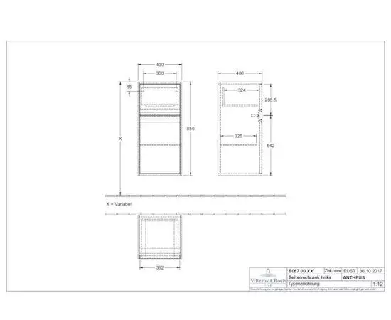 Мраморная черная столешница с подставкой из глянцевой стали 1200х750х570 мм Antheus B064 00 RP Villeroy&Boch в комплекте с зеркалом и Шкаф-пеналом